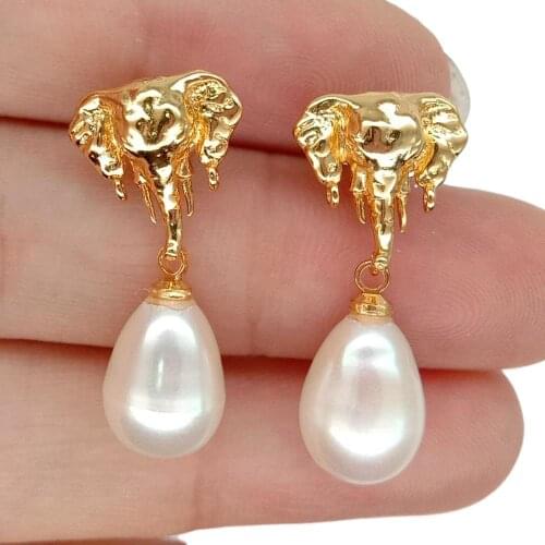 YYGEM natural Cultured White Rice Pearl Gold Filled Animal Charm Stud Earrings