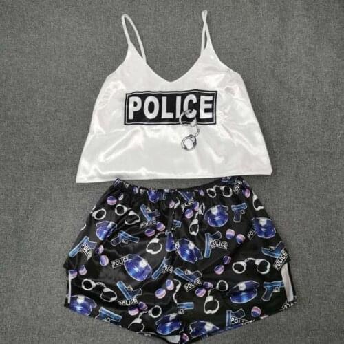 Police Print Pajama Sets Pattern Women Pyjamas Sexy Sleepwear Female Summer Night Wear Strap Sleeveless Home Suit