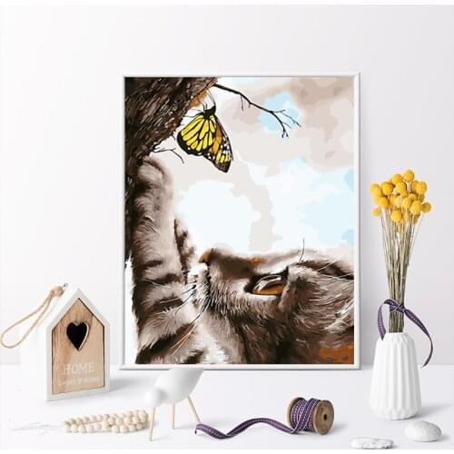 Paint by number art painting by numbers Kitten cute cute size mother and child couple cat catch butterfly
