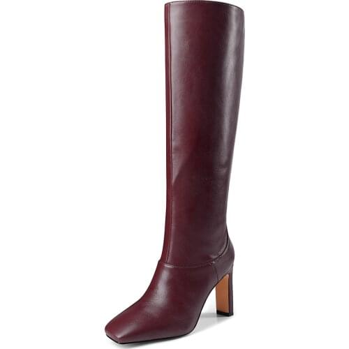 Square Toe High-Heeled Microfiber Burgundy Knee-Length Boots Plush Lining Green And Comfortable Casual All-Match Female Boots