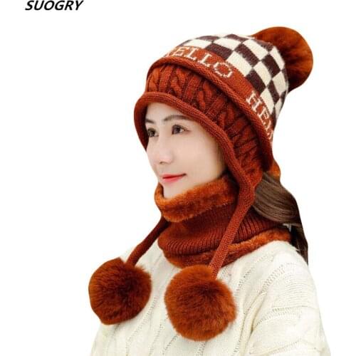 Fashion Winter Hats Womens Fur Hats Knitting Fox Fur Hat Pom Poms Ball Beanie Caps Skullies Cap Female Thick Beanies With Scarf