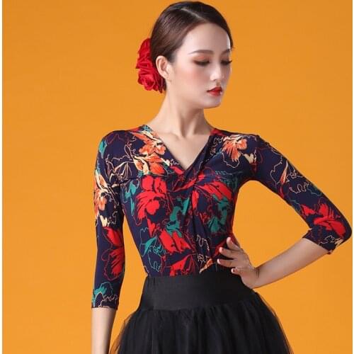 Summer New Latin Dance Tops Female Adult Sexy V-Neck Flower Dance Tops For Ballroom Cha Cha Samba Practice Costume Shirt DL5892