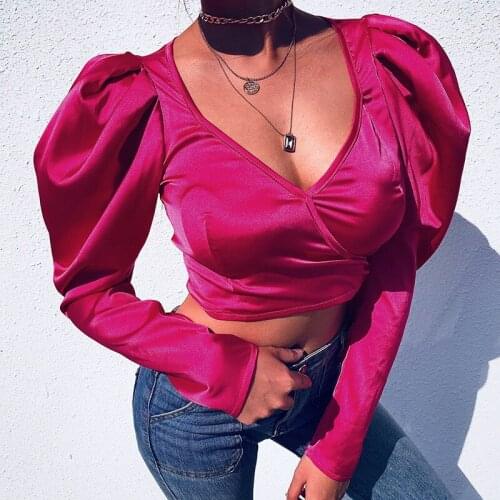 Sexy Soft Women Ladies tied V neck Crop Top Long Puff Sleeves Satin Silk Shirt Blouse Slim Fit Shirt