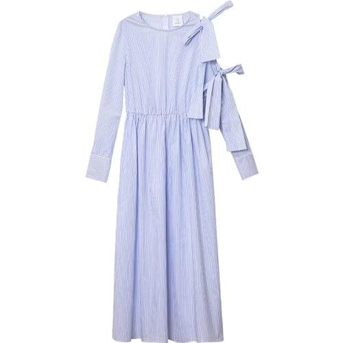 Women Cotton Spring Long Dress Ladies Casual Loose Brief Blue Vertical Striped Side Slits Unique Bow Design vestidos sukienki