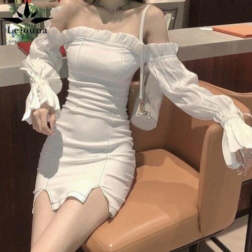 Leiouna Flare Sleeve Women 2021 Spring And Autumn Slash Neck Strapless White A-Line Sexy Bodycon Mini Korean Style Dresses