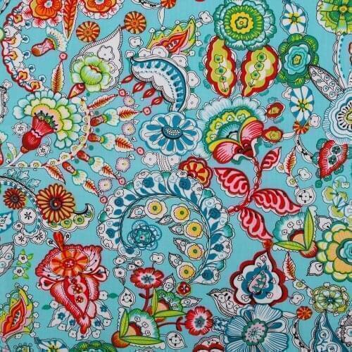 1 yard Cotton Poplin Fabric for sewing pathwork, dress, cloth, bedding - Flowers on blue background (width=140cm)