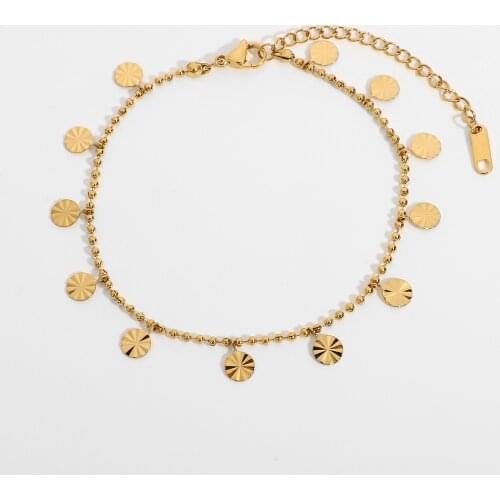 18K Gold Plated Stainless Steel Anklets For Women Bead Chain Petal Disc Pendant Anklet Foot Jewelry