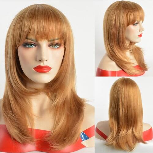 Amir Blonde and Orange Omber Wig with Bangs Wavy Synthetic Hair Wigs for Women Layered Multiple Styles Heat Resistant