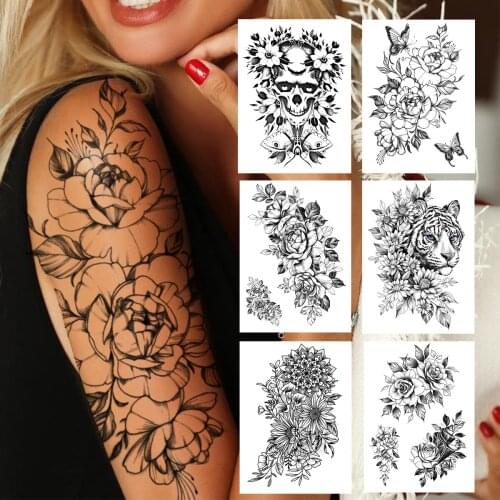 Black Peony Flower Temporary Tattoos For Women Girls Skeleton Leopard Tattoo Sticker Large Blossom Dahlia Fake Tatoos Covers Up