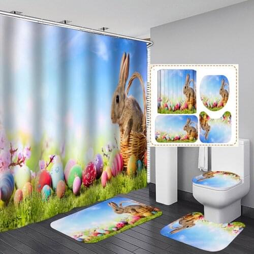 Flower Eggs Fabric Shower Curtains Bathroom Curtain Sets Easter Rabbit Bath Mat Toilet Pad Set Non-slip Carpet Home Decor