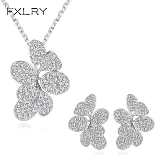 FXLRY Elegant White Cubic Zirconia Pave Geometric Designer Leaf Earring and Necklace Fashion Ladies Jewelry Sets