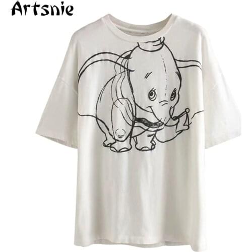 Artsnie disney dumbo cartoon womens t shirt summer o neck short sleeve tops female streetwear oversized white t-shirts mujer