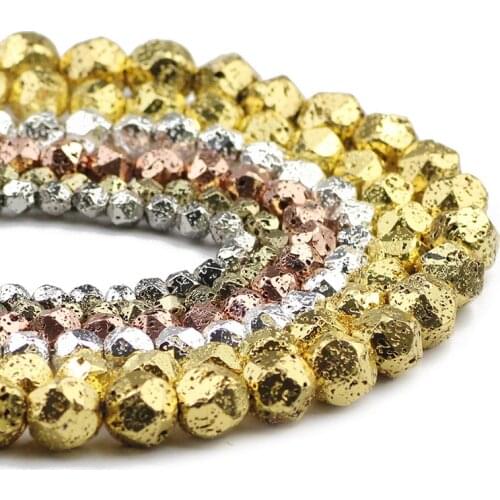 Rose Gold Color Faceted Round Natural Stone Volcanics Lava Spacers Loose Beads For Jewelry Making DIY Accessories 6/8/10/12mm