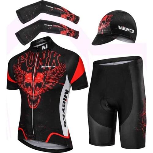 Mieyco Summer Skull Short Sleeves Cycling Jersey Set Short Shirt Pants Arm Sleeves and Cap Outdoor Sport MTB Riding Clothing