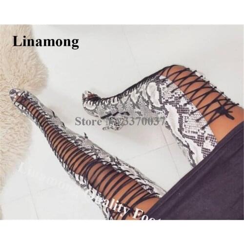 Linamong Western Style Peep Toe Snake Leather Stiletto Heel Over Knee Gladiator Boots Lace-up Cut-out Long High Heel Boots