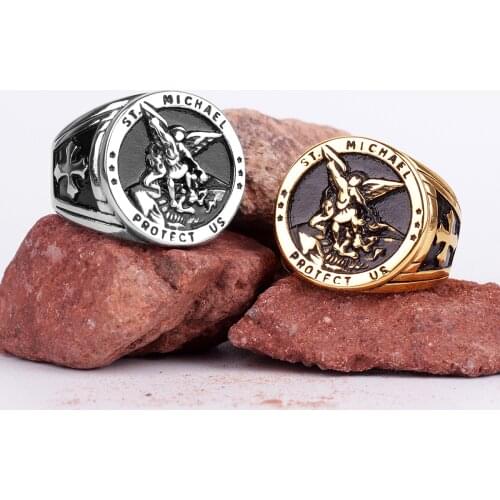 Stainless Steel Men Rings St.Michael Protect Us Religion Catholic Punk Rock for Biker Boy Male Jewelry Creativity Gift Wholesale
