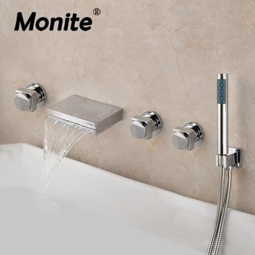 Monite Modern Wall Mounted Bathtub Shower Set Chrome Polished Waterfall Shower Faucet Solid Brass Bathroom Shower Set
