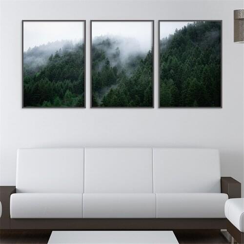 Set of 3 Foggy Forest Prints Misty Wall Art Nordic Digital Poster Landscape Tree Picture with Green Scandinavian Spruce Photo