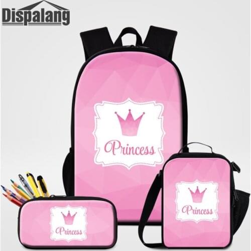 Dispalang 3pcs Sets Girls School Bags Princess Crown Prints Backpack School Bookbags for Teenage Girls Lunchbox Kids Pencil Case