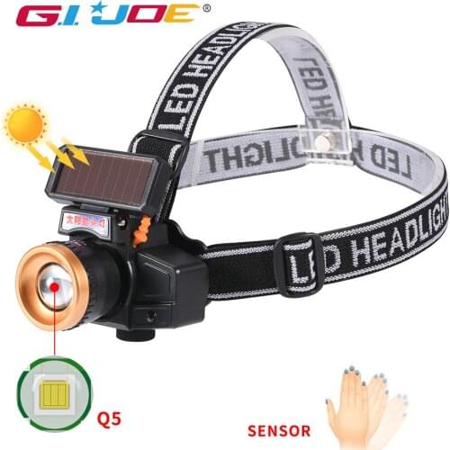 GIJOE led solar headlight Q5 lamp waterproof built-in battery usb rechargeable zoomable sensor light 4 modes fishing light