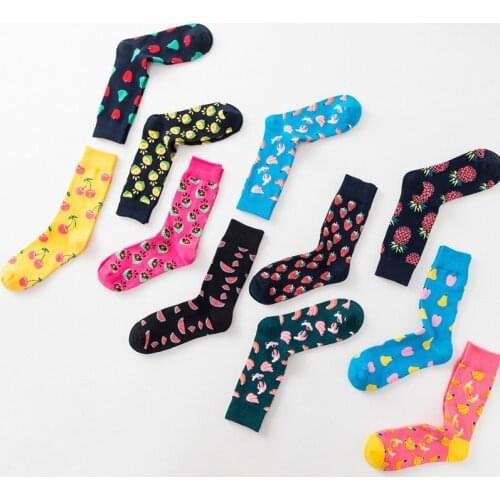 Men Socks Cartoon Cherry Lemon Apple Banana Fruits Funny Happy Personality Skate Harajuku Casual Hip Hop Street Cotton Socks