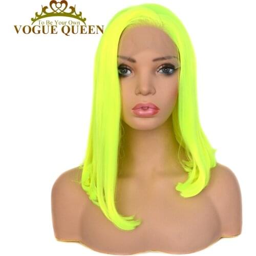 Vogue Queen Bright Yellow Green Synthetic Lace Front Bob Wig 14Inch Heat Resistant Fiber Cosplay For Women
