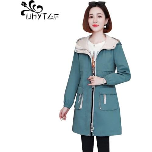 UHYTGF Genuine spring autumn trench coat women fashion hooded casual Plus size tops outerwear zipper slim female Windbreaker 811