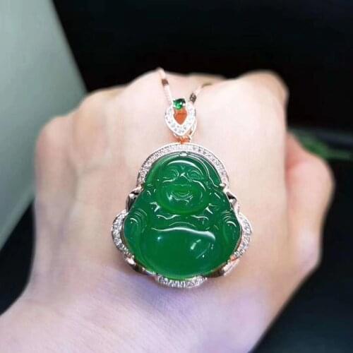 NATURAL BUDDHA GREEN JADE PENDANT WITH 925 STERLING SILVER ROSE GOLD PENDANTS NECKLACES ADD CHAIN JADE JEWELRY JADE NECKLACE