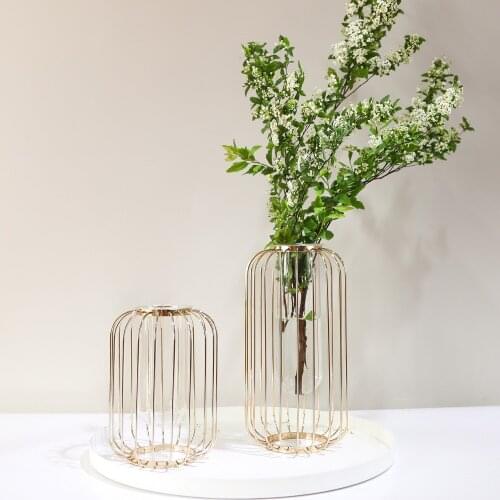 Transparent Glass Vases With Metal Luxury Golden Vase Geometric Hydroponic Simple Vase Living Room Home Deco Flower Decoration