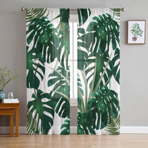 Tropical Jungle Leaves Monstera Green White Sheer Curtains for Living Room Bedroom Kitchen Tulle for Windows Voile Yarn Curtains