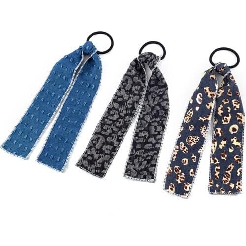 Polka Dot Denim Streamer Rubber Band Women Girls Bowknot Scrunchies Headband Hair Ties Ponytail Holder Hair Accessories