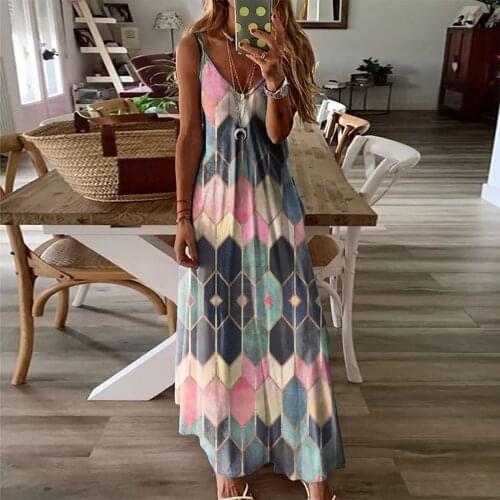 Fashion Sundress Women Summer Geometric Print Long Dress Dresses Robe Casual Long Sleeve Lady Casual Vestido