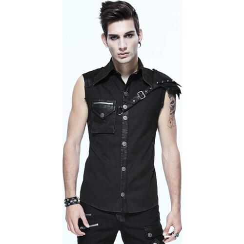 Steampunk Gothic Vintage Black Brown Turn-down Sleeveless Men Shirt Punk Casual Handsome Shirt Tops With Buttom