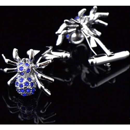 1 Pairs Blue Spider Crystal Sleeve Nails Mens Shirt Cufflinks Silver Cuff Links Buttons Jewelry Clothing Accessories