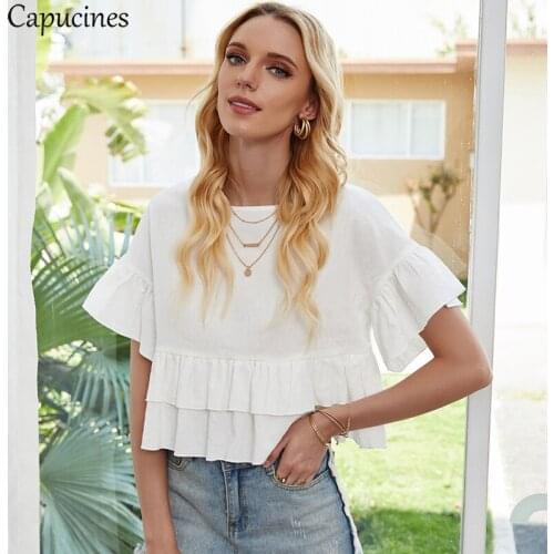 Capucines Cute Ruffle Trim Women Blouses Summer O Neck Casual Short Tops Sweet Solid Short Sleeve Blusas mujer de moda 2020
