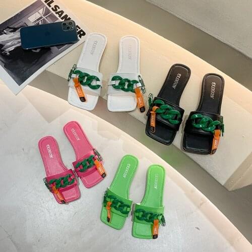 2021 Summer Women Flat Heels Slippers Brand Design Green Chain Woman Slipper Open Toe Squared Toes Ladies Fashion Shoes