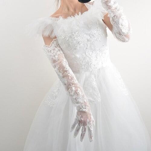 Black White Wedding Bridal Banquet Long Gloves Hollow Embroidery Floral Lace Applique Opera Length Full Finger Women Mittens