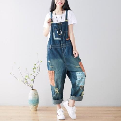 New personality patchwork women jumpsuit plus size washed rompers vintage denim adjustable sling loose hole streetwear overalls