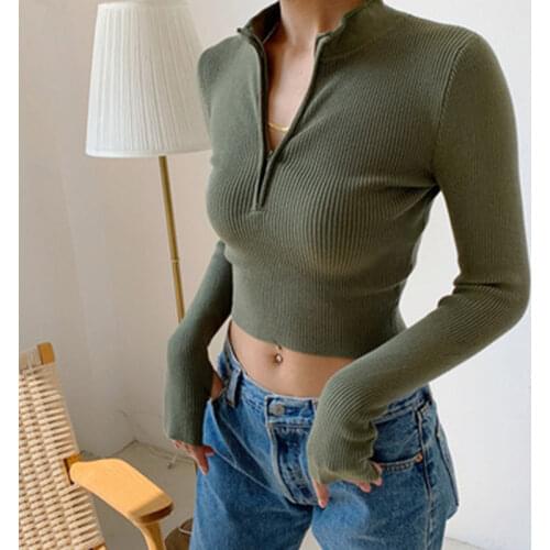 Sexy Knitted Zipper High Neck Womens Sweater 2021 Fashion Basic White Long Sleeve Female Tops New Slim Elegant Ladies Pullover