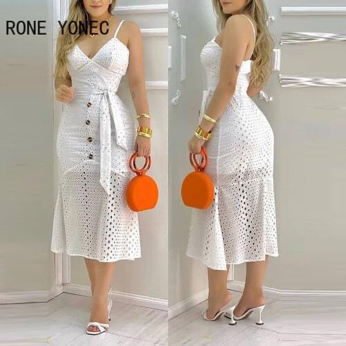 Women Hollow-out Button Design Spaghetti Strap Lace Dress With Belt & Lining Casual Maxi Dress Vacation Dress 2021