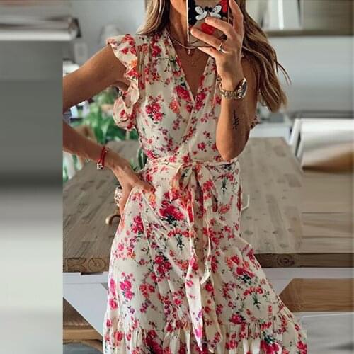 2021 Summer Women Vintage Floral Printed Boho Long Dresses Sexy Fashion V Neck Party Dress Ladies Elegant Sleeveless Slim Dress