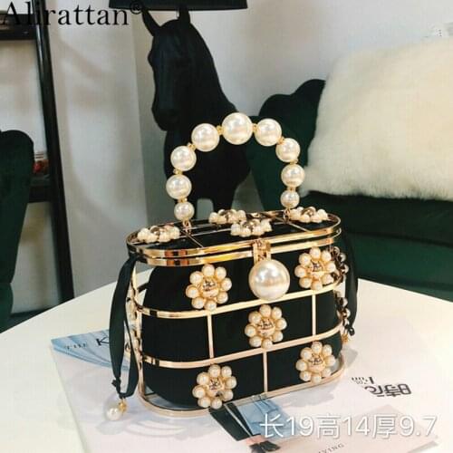 Alirattan Trendy New Pearl Basket Evening Bags For Women 2021 Fashion Design Luxury Hollow Out Beaded Wedding Party Hnadbags
