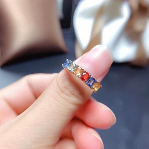 Simple Slender Row Line Natural Multicolor sapphire ring S925 silver natural gemstone ring girl women party gift fine jewelry