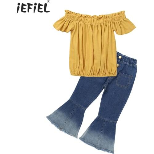 Toddler Kids Baby Girls Summer Clothes Set One Word Collar Short Sleeve Ruffled Hem T-shirt Tops Jeans Flare Pants 2Pcs Outfits