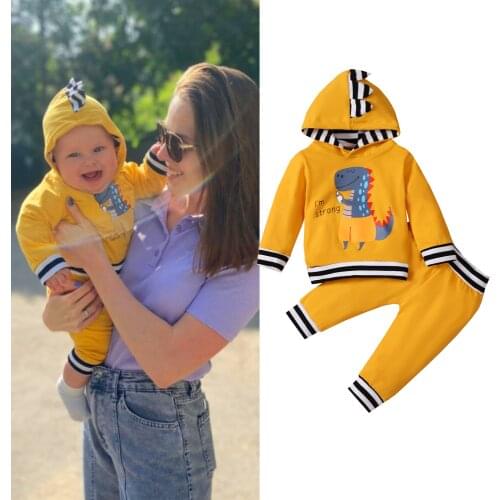 Unisex 4 Colors Cotton 2-Piece Spring Suit For Toddlers Dinosaur Print Hoodie Long-Sleeved Sweatshirt + Striped Casual Pants