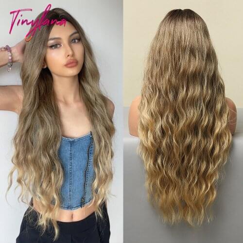 TINY LANA Long Deep Wave Wigs Ombre Brown Golden Middle Part Synthetic Wigs For Black Women Cosplay Daily Use Heat Resistant