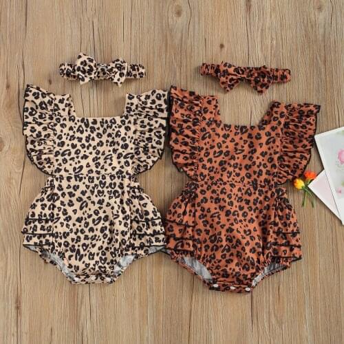 Newborn Baby Girls Boys Leopard Bodysuits Headband Ruffles Short Sleeve Backless Jumpsuits 0-24M