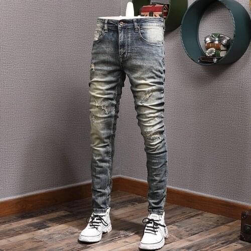 Italian Style Fashion Men Jeans High Quality Elastic Slim Fit Ripped Jeans Men Patchwork Vintage Designer Casual Denim Pants