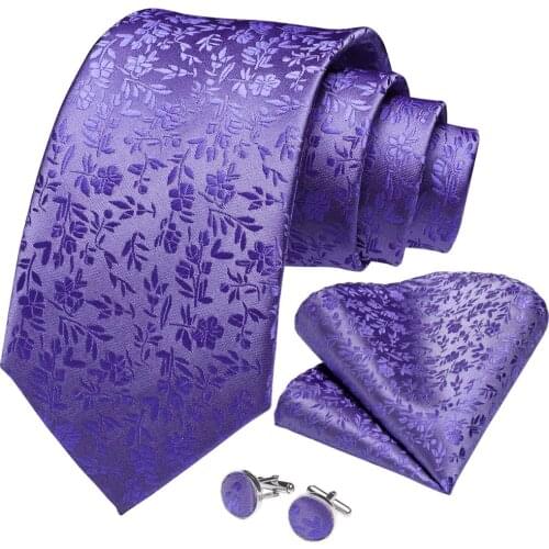 Men Tie Purple Solid Floral Silk Wedding Tie For Men DiBanGu New Designer Hanky Cufflinks Business Gift Tie Set For Men SJT-7266