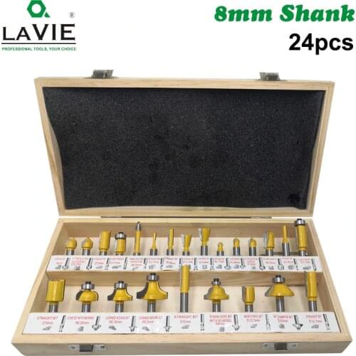 24PCS 8mm Shank DIY Woodworking Router Bits Set Milling Cutter for Wood Flush Straight Chamfer Trimming Engraving Tool MC02012
